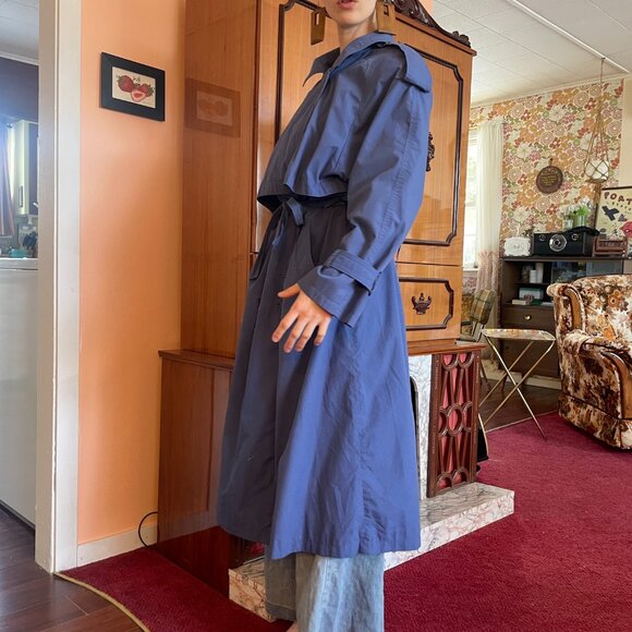 1980s classic double breasted belted periwinkle long trench coat! - Picture 10 of 16